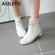 Asileto botas femininas de tornozelo, bico redondo, 2.5cm, salto quadrado, zíper, pérola, lindo, luxo, tamanho grande 30-43, outono inverno a3324 2024 - compre barato