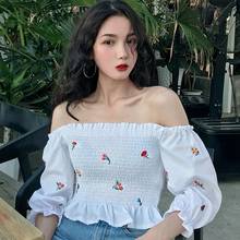 Women's Floral Blouse Embroidery Slash Neck Sweet Sexy Navel Exposed Short Sleeve Shirt 2024 - buy cheap