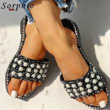 Sorphio Female Casual Daily Beach Shoes Woman Summer Open Toe Flat Slippers Women Pearl Open Toe Sewing Slip On Slippers 2024 - buy cheap