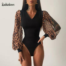 Women Sexy Deep V Bodysuit Slit High Waist Romper Jumpsuit Leopard Print Mesh Sleeve Bodysuit Women's Fashion 2024 - buy cheap