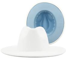 Simple Outer white Inner Sky blue Wool Felt Jazz Fedora Hats with Thin Belt Buckle Men Women Wide Brim Panama Trilby Cap 56-60CM 2024 - buy cheap