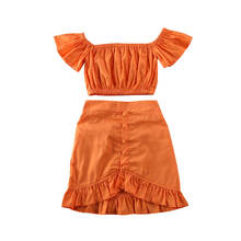 Летний однотонный оранжевый топ с открытыми плечами для маленьких девочек от 1 года до 6 лет + юбка с оборками, комплект из 2 предметов 2024 - купить недорого