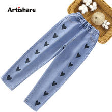 Jeans para meninas estampa coração crianças estilo casual primavera outono roupas infantis 6 8 10 12 14 2024 - compre barato