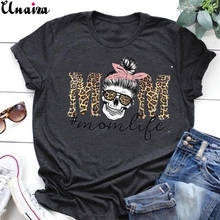 Unaiza-Camiseta holgada de manga corta con cuello redondo para mujer, camisa con estampado de cabeza de calavera y leopardo, ropa para mujer 2024 - compra barato