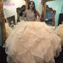 Champagne O-Neck Sleeveless Princess Ball Gown Quinceanera Dresses Beaded Crystals Tulle Ruffles Sweet 16 Prom Party Dress 2024 - buy cheap