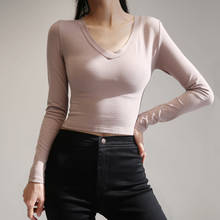 Women V Neck Crop Top Slim Long Sleeve Fit Crop Tee 2024 - buy cheap