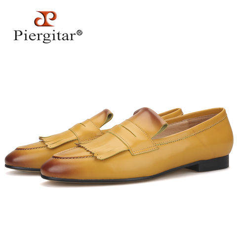 Piergitar yellow color calfskin men penny loafers slip-on men's dress shoes for wedding and party handmade men smoking slippers 2022 - buy cheap