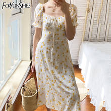 Женское летнее платье-миди, желтое платье на шнуровке с цветочным принтом, с пышными короткими рукавами и квадратным воротником, с высоким разрезом, в стиле бохо 2024 - купить недорого