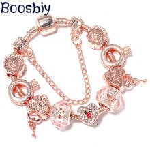 Boosbiy New Style Rose Gold Charm Bracelets With Crystal Glass Beads DIY Heart Key Beads Brand Bracelets Jewelry For Women 2024 - buy cheap