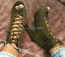 Linamong Western Style Peep Toe Suede Leather Chunky Heel Short Gladiator Boots Lace-up Army Green Thick High Heel Ankle Booties 2024 - buy cheap