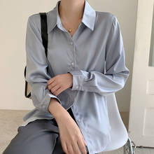 Blusa feminina chiffon manga comprida, camisa feminina chiffon com gola virada e788 2024 - compre barato
