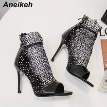 Aneikeh NEW Fashion DIAMANTE FISHNET HEELS Sandals Ankle Boots High Heels Women Autumn Sexy Chelsea Booties Peep Toe Party Pumps 2024 - buy cheap