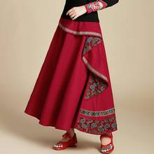 Женская юбка в этническом стиле, винтажная длинная юбка миди черного и красного цвета с вышивкой в стиле хиппи, модель 11743 на осень и зиму 2024 - купить недорого