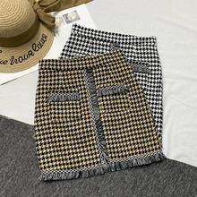 autumn Winter plaid woolen Skirt Women tassel Houndstooth Tweed Mini Skirt 2024 - buy cheap