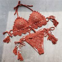 AYUALIN-Bikinis de ganchillo para mujer, traje de baño Sexy de 2 piezas, ropa de playa, bikini naranja de punto bohemio de verano 2024 - compra barato