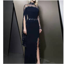 Black Evening Dresses A-line High Collar Long Sleeves Beaded Slit Dubai Saudi Arabia Long Prom Dress Gown Robe De Soiree 2024 - buy cheap