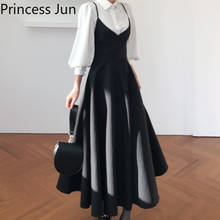 French Fashion Women Elegant Two Piece Sets Puff Sleeve White Shirt&Back Bow Black A Line Strap Skirt 2pc Dress Suits Outfits 2024 - buy cheap