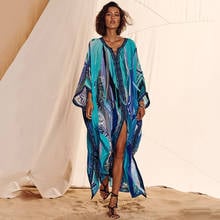 2022 Black Bohemian Printed Dress Split Summer Beach Dress Three Quarter Women Clothes Plus Size Beachwear Maxi Dress Q1238 2024 - buy cheap