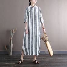 NINI WONDERLAND 2021 Summer Stripe Cotton Linen Vintage Dress Women Mandarin Collar Nation Style Loose Dress Lady Casual Dresses 2024 - buy cheap