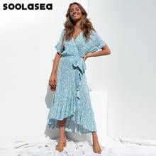 Soolasea Boho Print Summer Dress Women Casual Ruffle Wrap A-line Midi Dress Robe Holiday Elegant Dresses Asymmetry Vestidos 2024 - buy cheap
