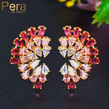 Pera Symmetrical Hot Pink Red Cubic Zirconia Colorful Flower Big Yellow Gold Stud Earrings for Ladies Beach Party Jewelry E555 2024 - buy cheap