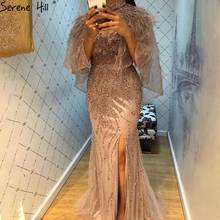 Serene Hill Gold Sleeveless Feathers Evening Dress With Cloak 2020 Dubai Mermaid Beading Sexy Cape Formal Party Gown CLA70353 2024 - buy cheap