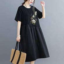 Женское Хлопковое платье с коротким рукавом, черное свободное повседневное праздничное платье с цветочным принтом, 2021 2024 - купить недорого