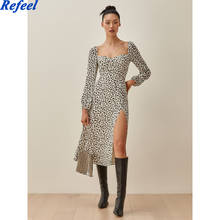 Vintage Long Sleeve Dress Chic White Leopard Print Midi Dress Retro Split Dresses Sexy Chiffon Vestidos 2024 - buy cheap