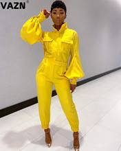 VAZN 2020 Hot Sexy Women Holiday Full Sleeve V-neck Straight Rompers Shinny Jumpsuit Sexy Fashion Solid Yellow Jumpsuits 2024 - buy cheap