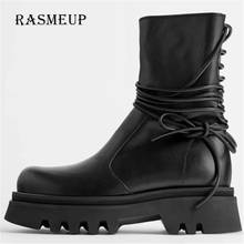 RASMEUP-Botas de plataforma con correa en el tobillo para mujer, botines de cuero negro, zapatos con cordones, botas gruesas de diseñador de marca 2024 - compra barato