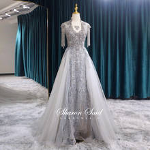 Arabic Grey Muslim Evening Dress with Overskirt Luxury Beading Tassel Lace Dubai Formal Party Dresses for Wedding Elegant Gowns 2024 - buy cheap