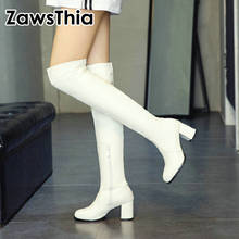 ZawsThia-Botas elásticas de PU para mujer, zapatos largos por encima de la rodilla, de tacón alto, suaves, color blanco y negro, invierno, 2020 2024 - compra barato