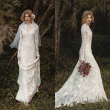 Vestidos de novia de encaje de sirena, vestido de novia bohemio de manga larga con cuello transparente, con apliques de encaje, estilo Pastoral Vintage 2024 - compra barato