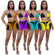 Sexy Women Two Piece Set Bra + Short Pants Color Patchwork Tracksuit Party Night Clubwear Clothes For Women Outfit 2024 - buy cheap