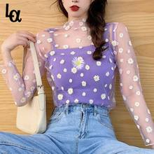 Luck A Korean Style Mesh Top Daisy Under Shirt 2020 New Harajuku Aesthetic Cute Lace Flower Tshirt Long Sleeve Mesh Top 2024 - buy cheap