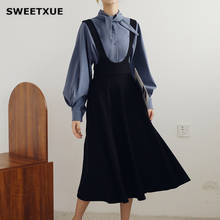 SWEETXUE Autumn Women Skirt Suit Single-Breasted Lantern Sleeves Lace-Up Shirt   Black Strap Pleated Skirt Retro Two-Piece Set 2024 - buy cheap