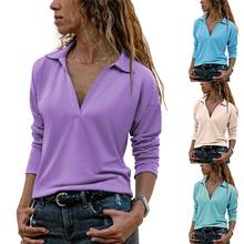 2020 женские осень-зима, длинным рукавом и глубоким v-образным вырезом пуловер Цвет Блуза Топ 2024 - купить недорого