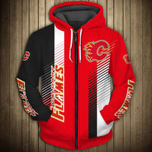 Calgary men's casual 3D zipper hoodie Black and red stitching stripes design burning flame print Flames sweatshirt 2024 - buy cheap