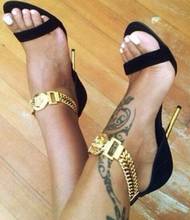 Sandálias femininas luxuosas de salto alto fino com corrente dourada, dedo aberto, sandália simples feminina, sapato de casamento sexy 2024 - compre barato