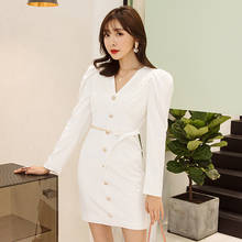YIGELILA Autumn New Arrivals White Dress V-neck Single Breasted With Belt Dress Full Sleeves Solid Office Lady Short Dress 65417 2024 - buy cheap