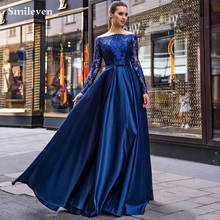 Smileven Navy Blue Satin caftan Evening Dresses Long Sleeve Arabic Special Occasion Dress Off Shoulder Lace Evening Party Gowns 2024 - buy cheap
