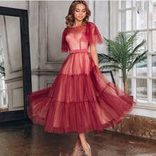 Evening Dress Short Burgundy 2021 A-Line Sexy Ankle length Batwing Sleeve  Pleat Tulle Custom Made Formal Party Gowns Brilliant 2024 - buy cheap