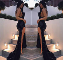 2019 Red Carpet High Thigh Split Evening Dress Black Sequins Shiny Formal Holiday Wear Prom Party Gown Custom Made 2024 - buy cheap