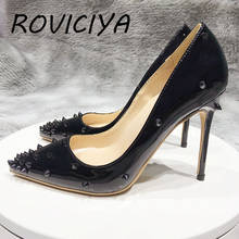 Roviciya sapatos de festa feminino salto alto 12cm, todos pretos, rebites, sexy, com strass, md038 2024 - compre barato