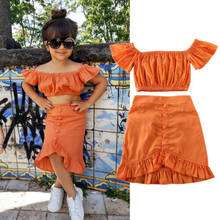 Toddler Kids Baby Clothes Sets 2PCS Girls Off Shoulder Tops Crop Ruffle A-Line Skirt Outfit Orange 1-6Y 2024 - buy cheap