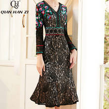Qian Han Zi-vestido de fiesta de Primavera de manga larga para mujer, vestido Retro de encaje hueco, Midi bordado delgado de alta calidad 2024 - compra barato