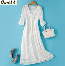 Vestido de verão 100% seda verdadeira, vestido vintage elegante maxi para mulheres, roupas femininas brancas coreanas 2024 - compre barato