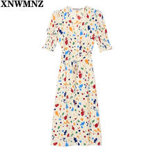 XNWMNZ 2021 Print Wrap Dress Women Short Puff Sleeve Sash Tied Slim Summer Dress Vintage Long Dresses Party French Style robe 2024 - buy cheap
