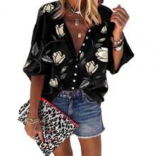 Women Shirt Flower Print Stand Collar Casual Long Sleeve Loose Blouse for Party 2024 - buy cheap