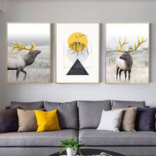 Póster nórdico para sala de estar, pintura en lienzo de bosque de ciervos dorados, arte abstracto, impresiones en lienzo, arte de pared, imágenes de animales 2024 - compra barato